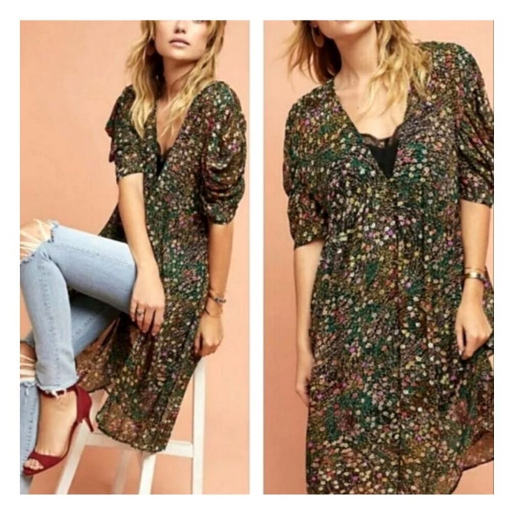 Akemi Kin Anthropologie Valencia Floral Tunic Dress XS Black Boho Sheer